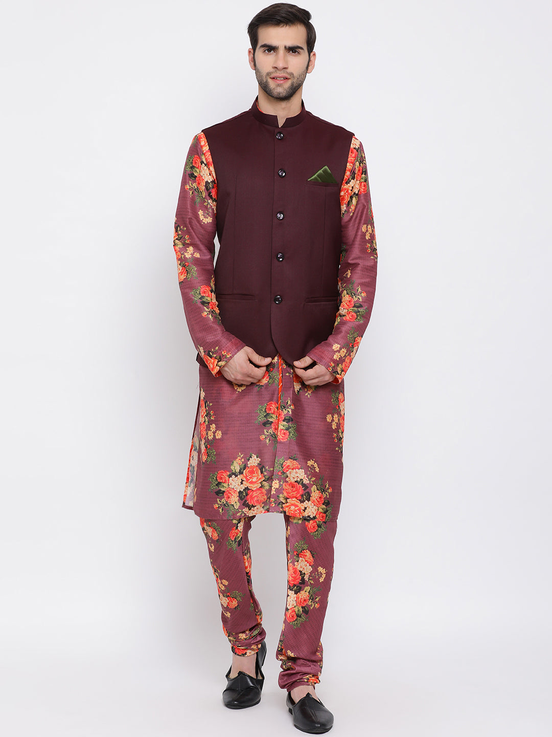 Sarvati Maroon Twill Jacket, Printed Kurta and Pyjama Set