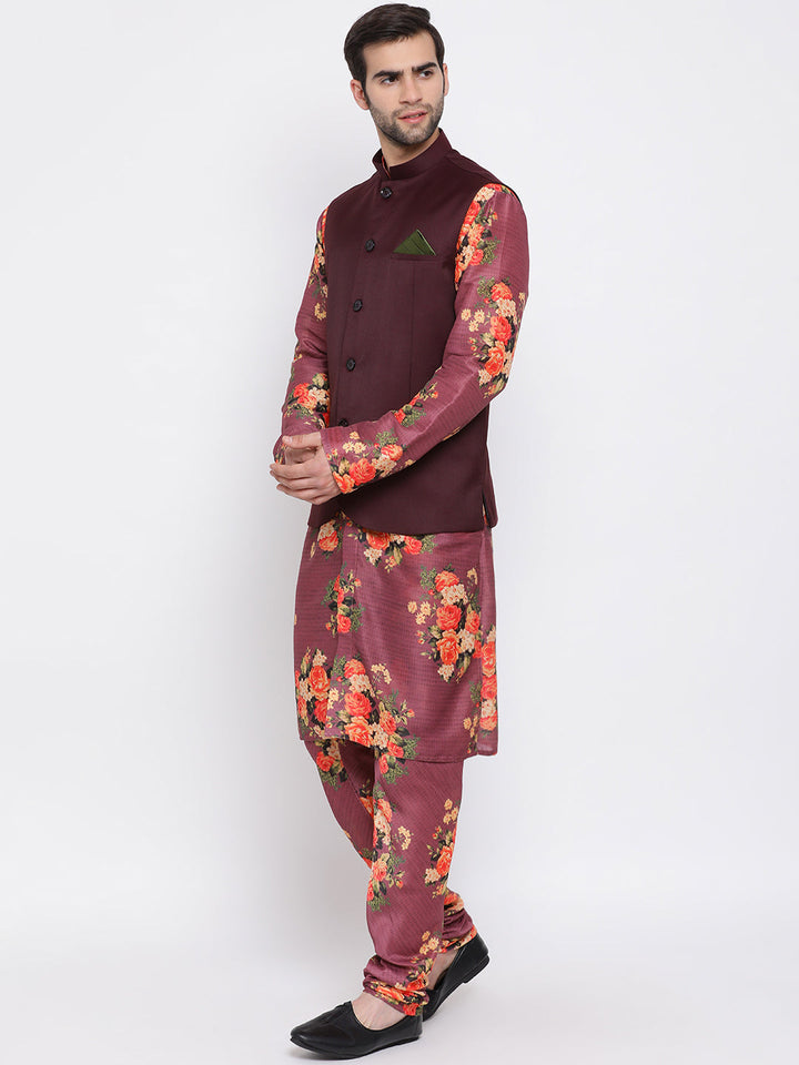 Sarvati Maroon Twill Jacket, Printed Kurta and Pyjama Set