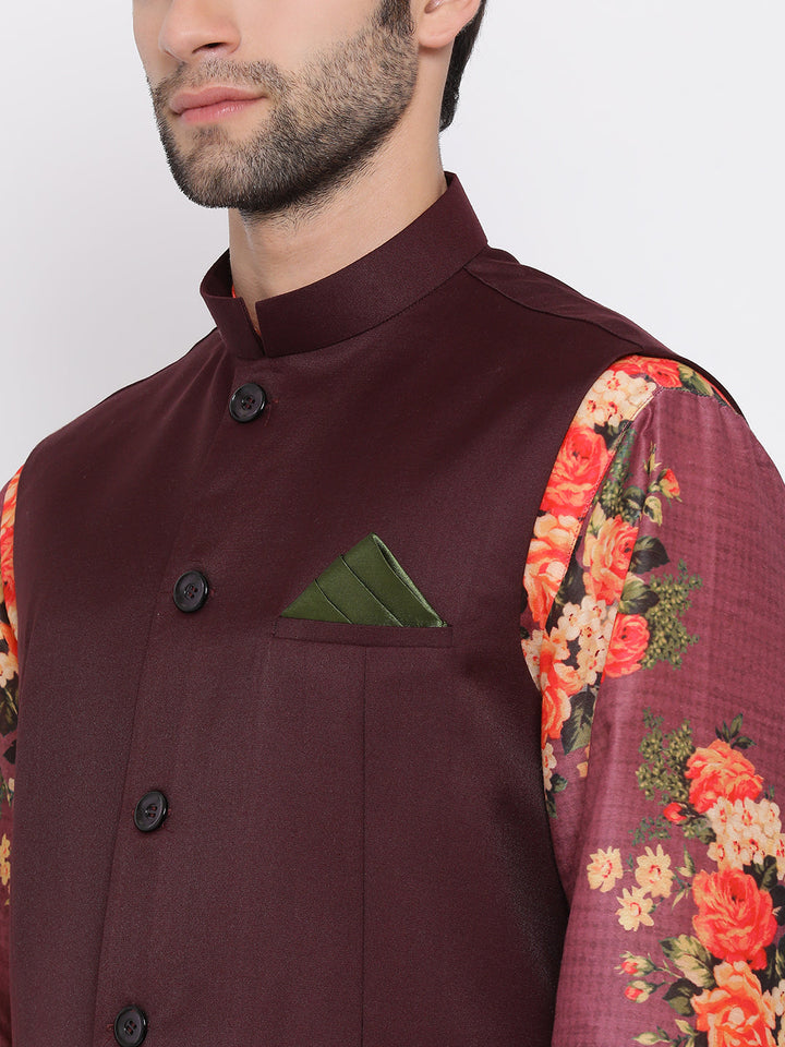 Sarvati Maroon Twill Jacket, Printed Kurta and Pyjama Set