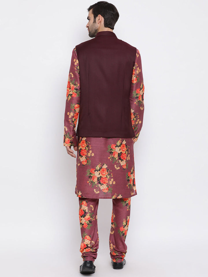 Sarvati Maroon Twill Jacket, Printed Kurta and Pyjama Set