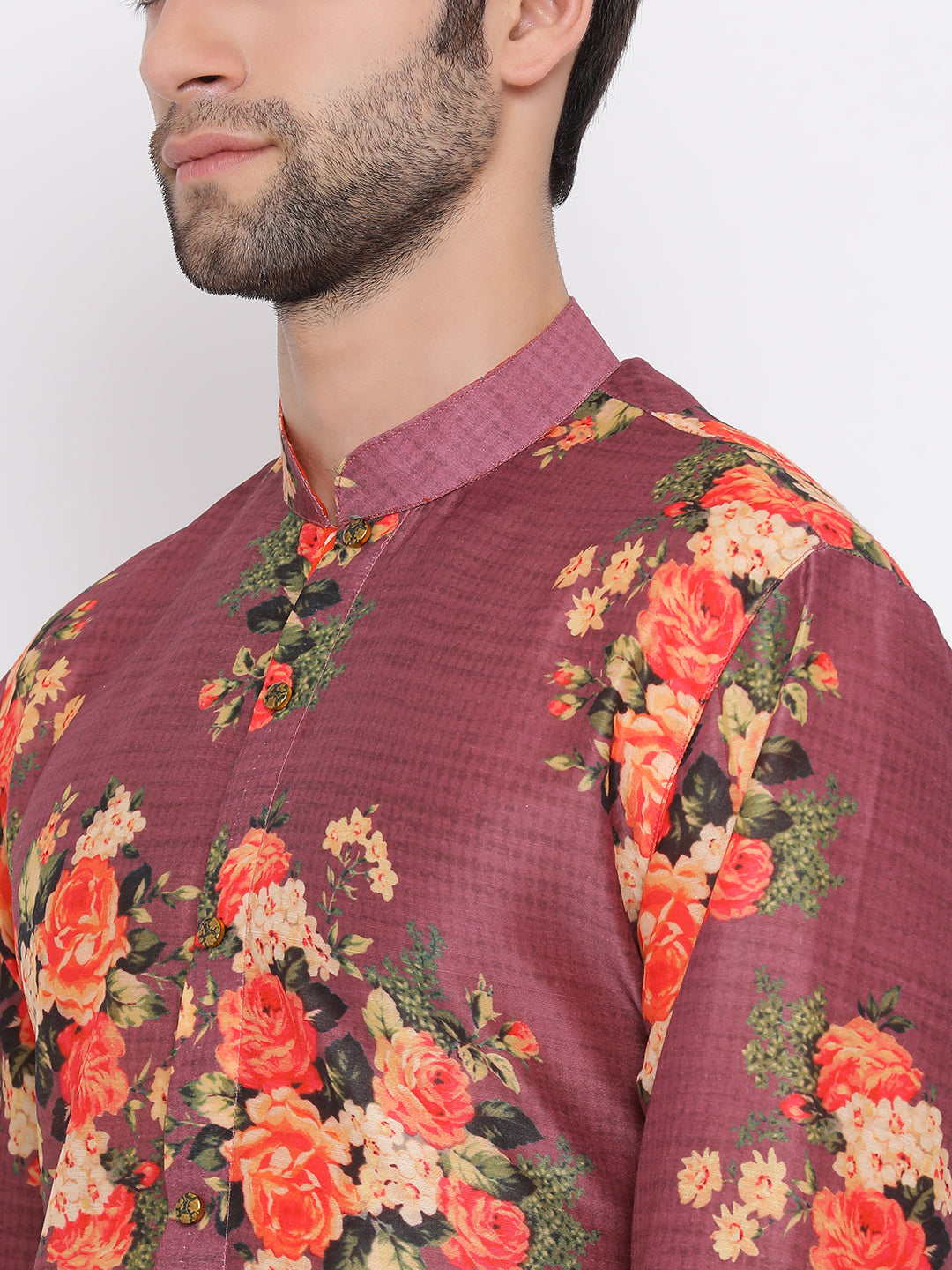 Sarvati Maroon Twill Jacket, Printed Kurta and Pyjama Set