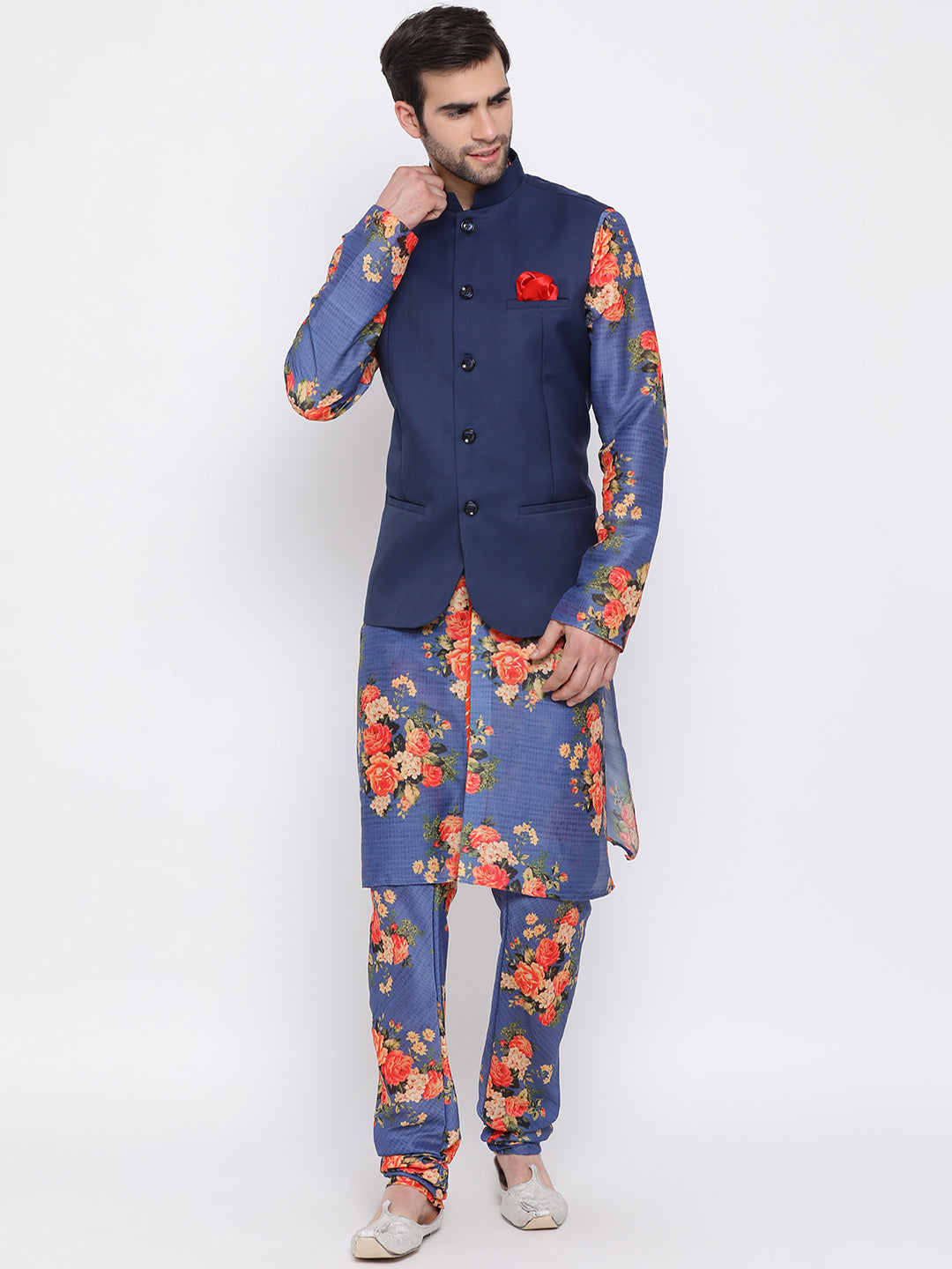 Sarvati Navy Blue Twill Jacket, Printed Kurta and Pyjama Set