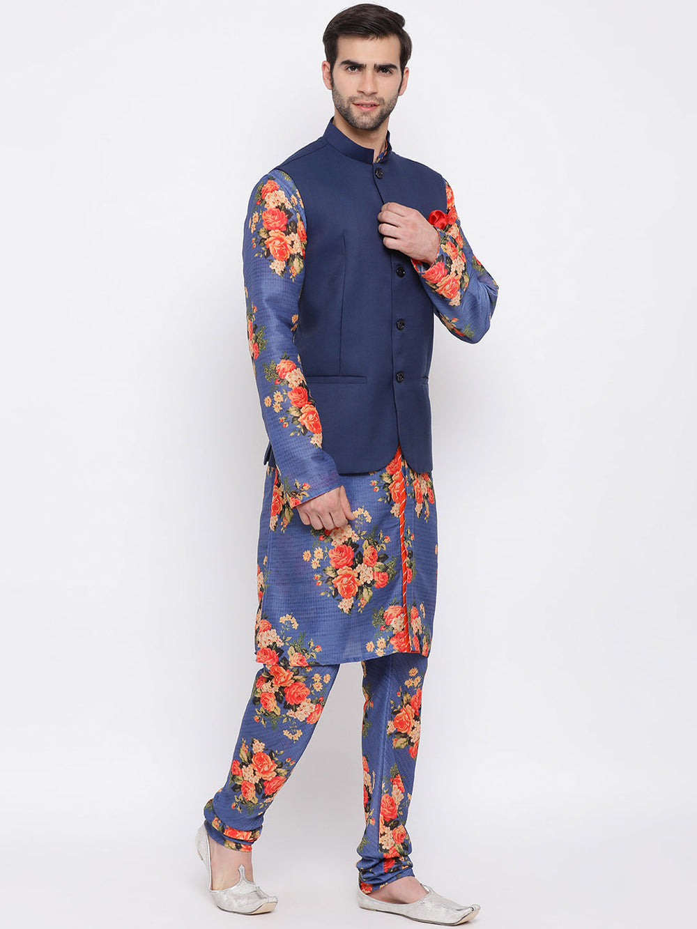 Sarvati Navy Blue Twill Jacket, Printed Kurta and Pyjama Set