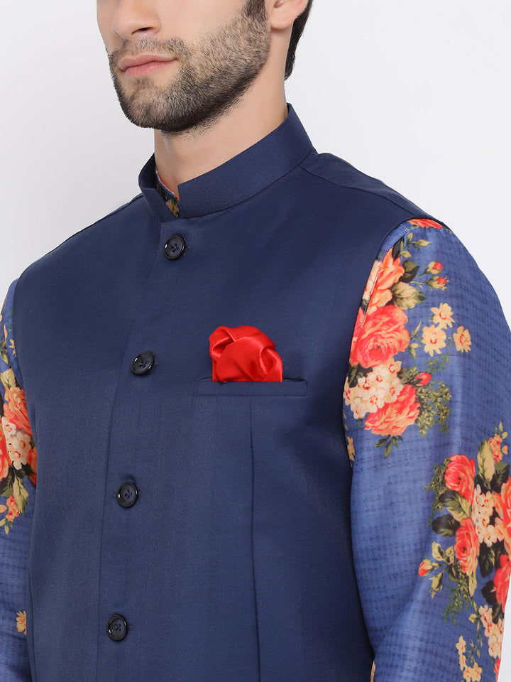 Sarvati Navy Blue Twill Jacket, Printed Kurta and Pyjama Set