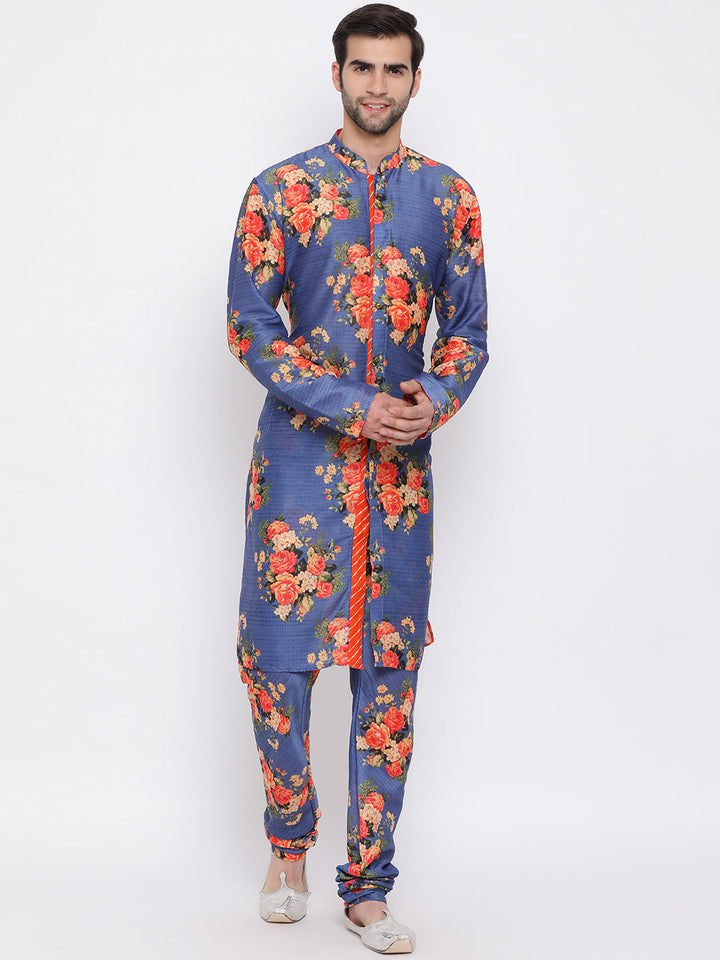 Sarvati Navy Blue Twill Jacket, Printed Kurta and Pyjama Set