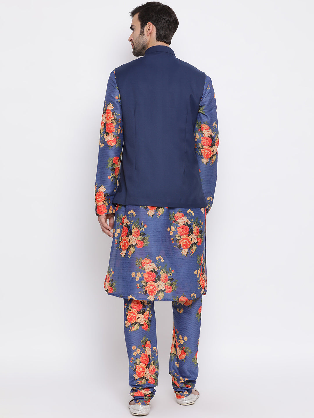 Sarvati Navy Blue Twill Jacket, Printed Kurta and Pyjama Set