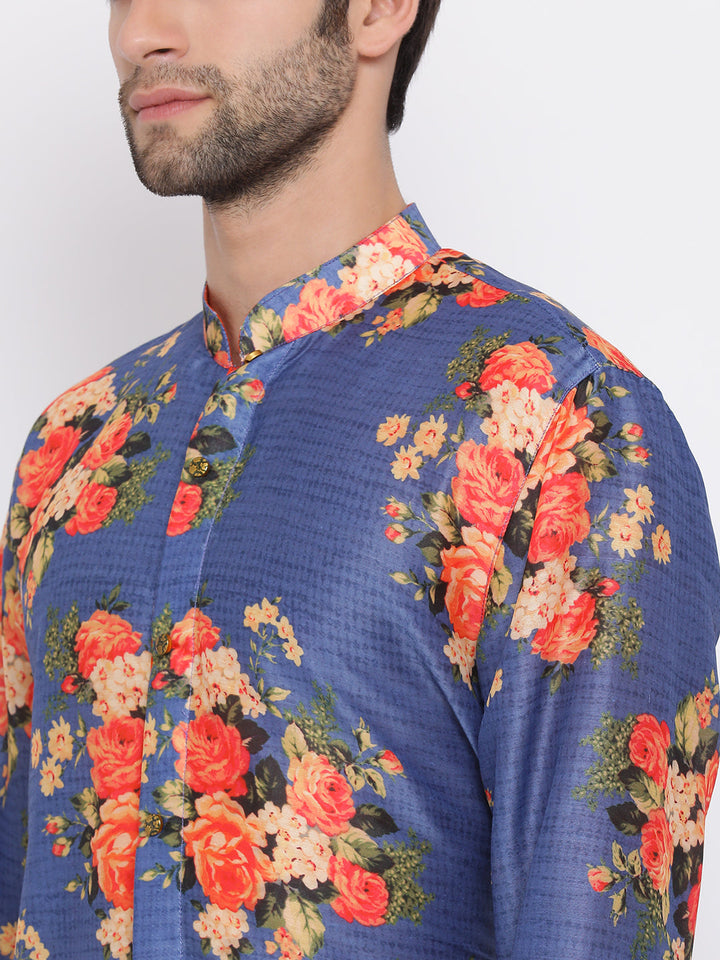 Sarvati Navy Blue Twill Jacket, Printed Kurta and Pyjama Set