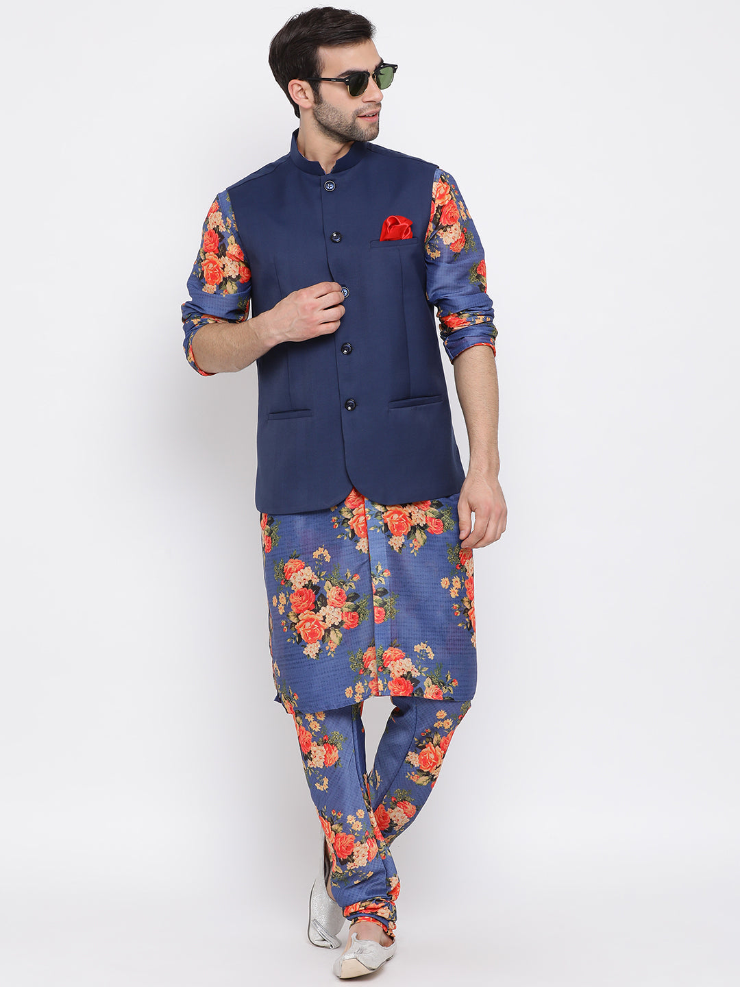 Sarvati Navy Blue Twill Jacket, Printed Kurta and Pyjama Set