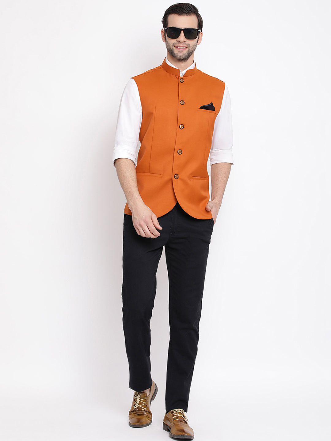 Orange Cotton Blend Twill Nehru Jacket