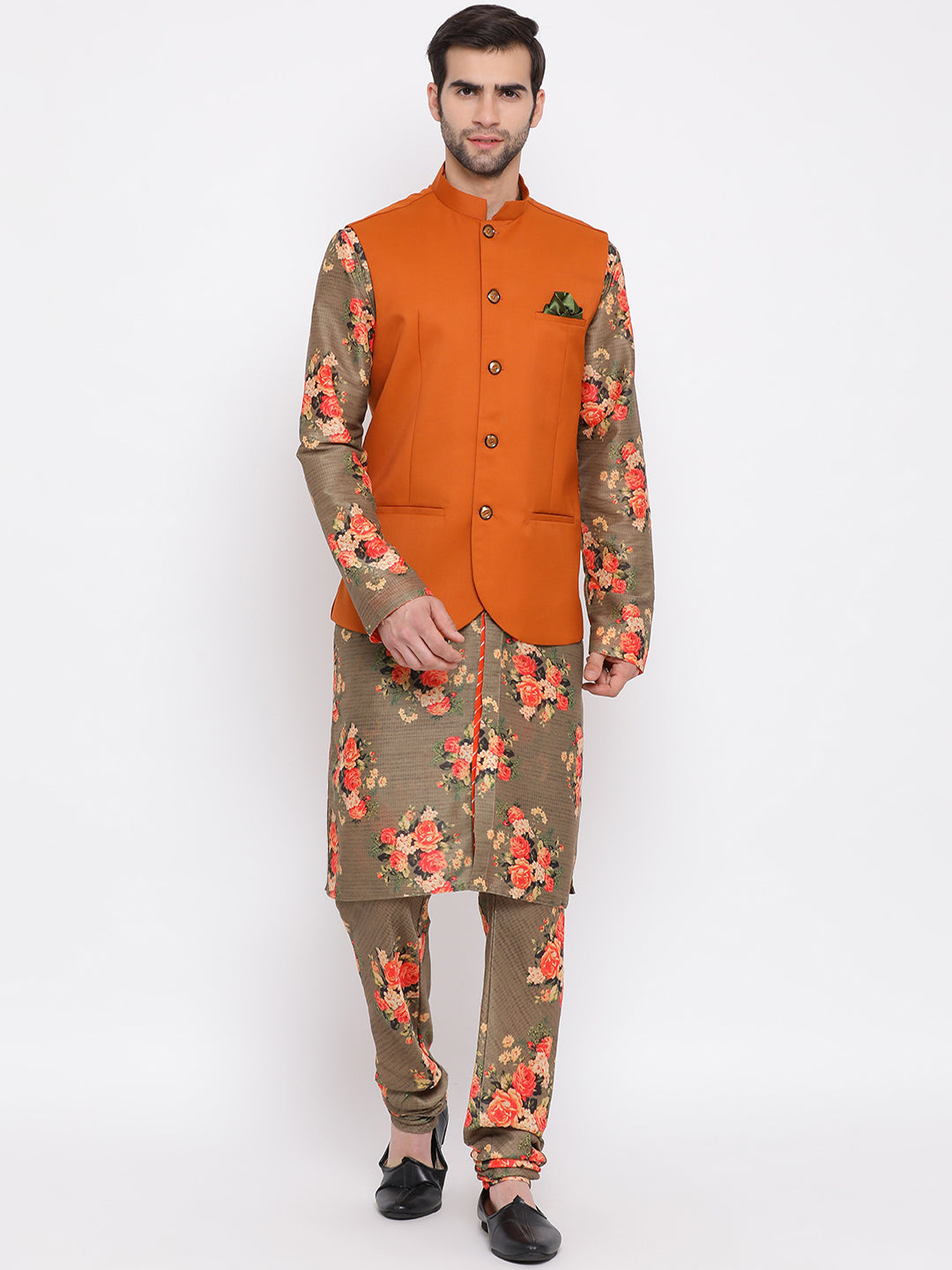 Sarvati Men's Orange Twill Jacket, Printed Kurta and Pyjama Set