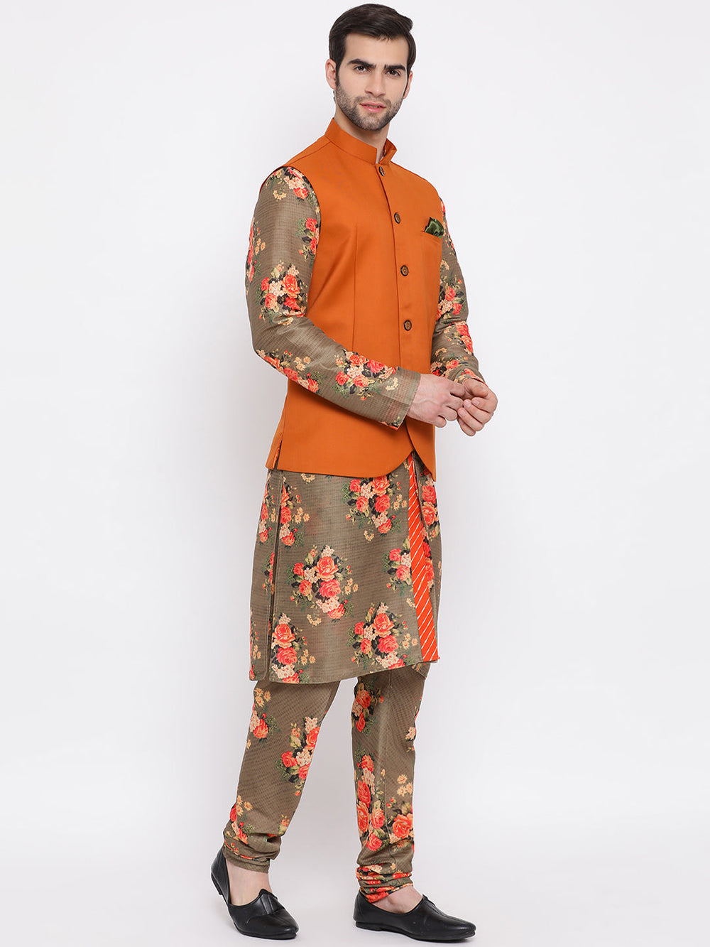 Sarvati Men's Orange Twill Jacket, Printed Kurta and Pyjama Set