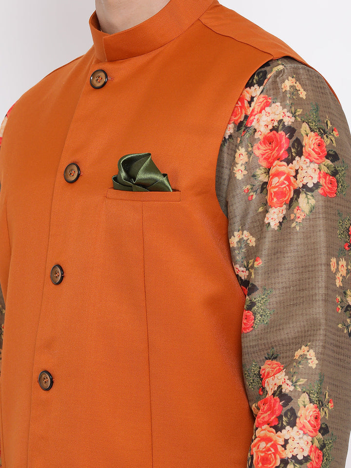 Sarvati Men's Orange Twill Jacket, Printed Kurta and Pyjama Set