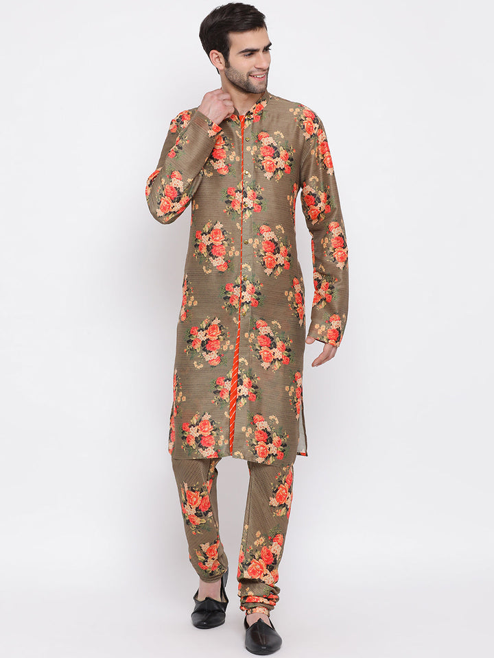 Sarvati Men's Orange Twill Jacket, Printed Kurta and Pyjama Set