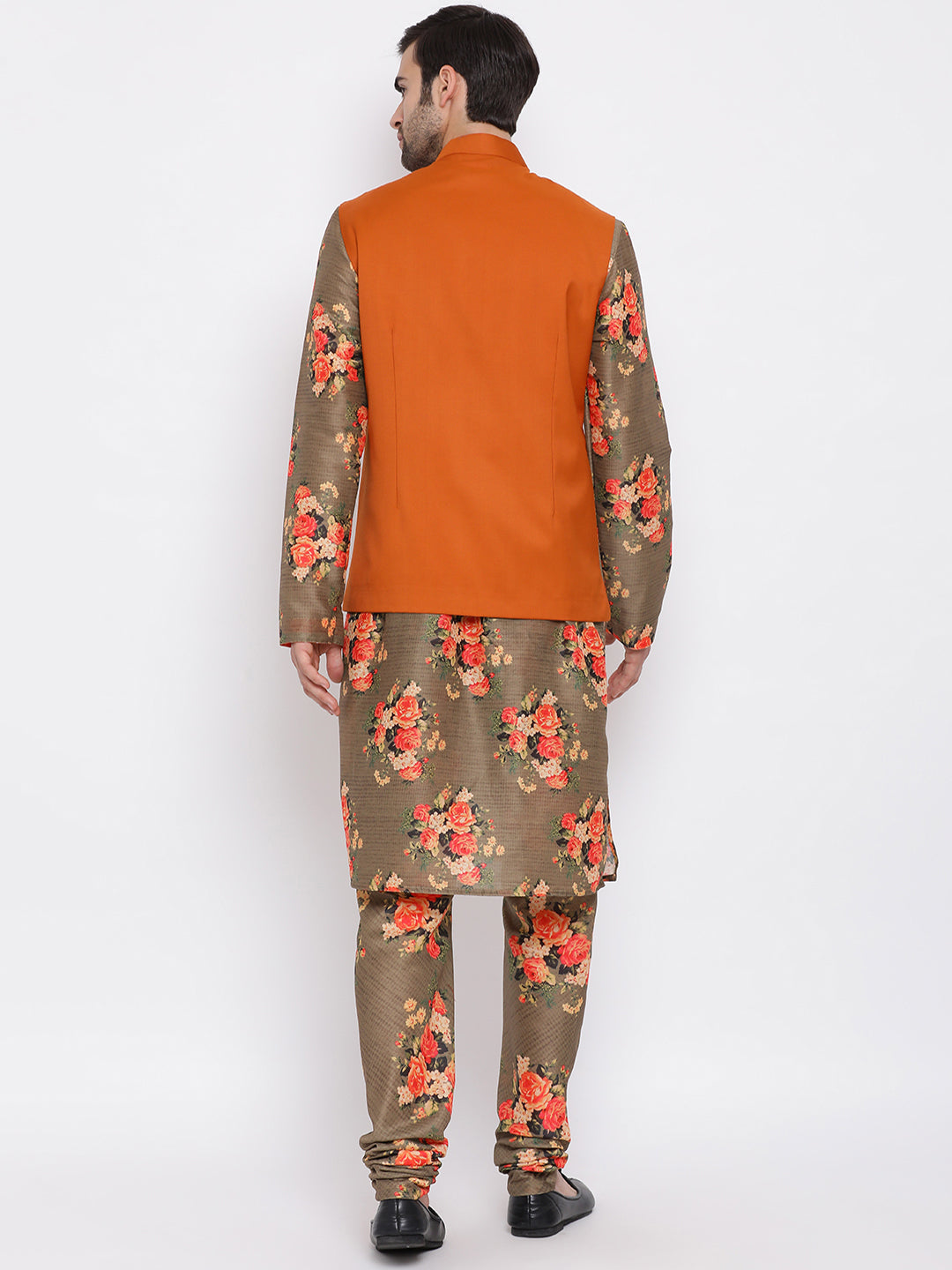 Sarvati Men's Orange Twill Jacket, Printed Kurta and Pyjama Set