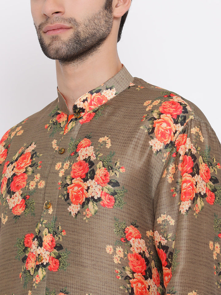 Sarvati Men's Orange Twill Jacket, Printed Kurta and Pyjama Set