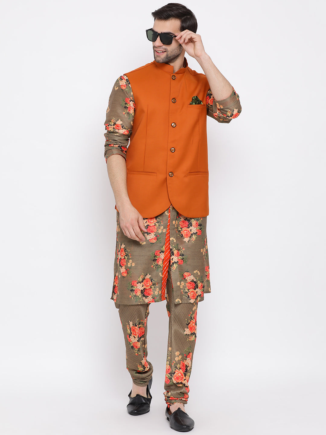 Sarvati Men's Orange Twill Jacket, Printed Kurta and Pyjama Set