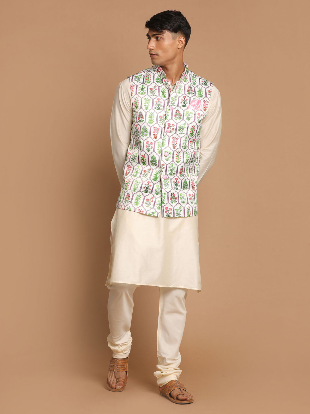 Sarvati Men's Cream Digital Print Nehru Jacket With Cream Kurta And Pyjama