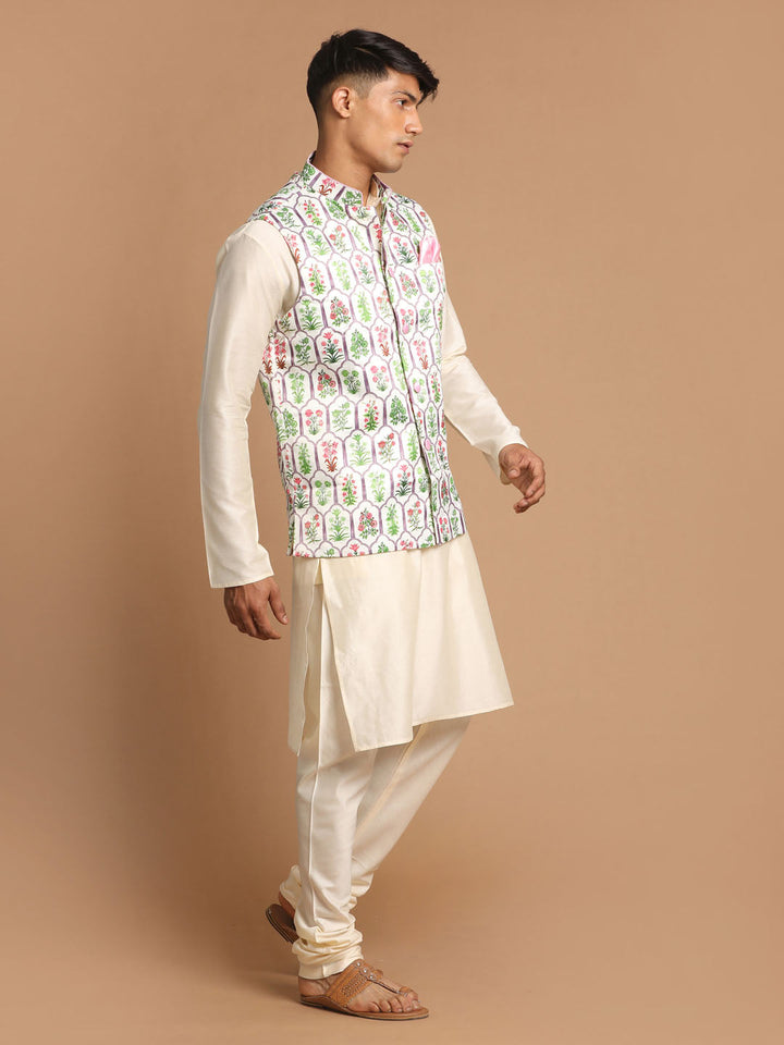 Sarvati Men's Cream Digital Print Nehru Jacket With Cream Kurta And Pyjama