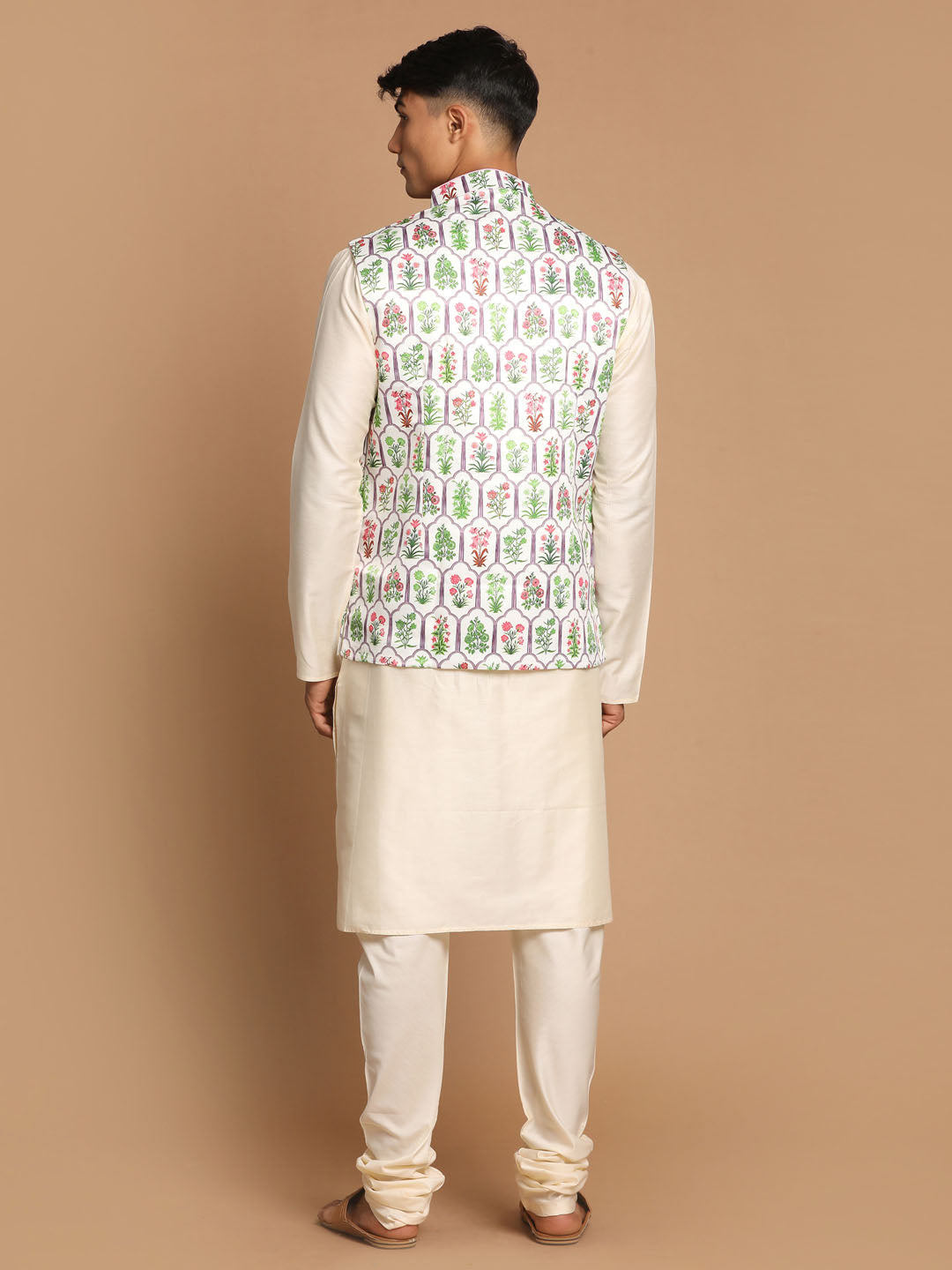 Sarvati Men's Cream Digital Print Nehru Jacket With Cream Kurta And Pyjama