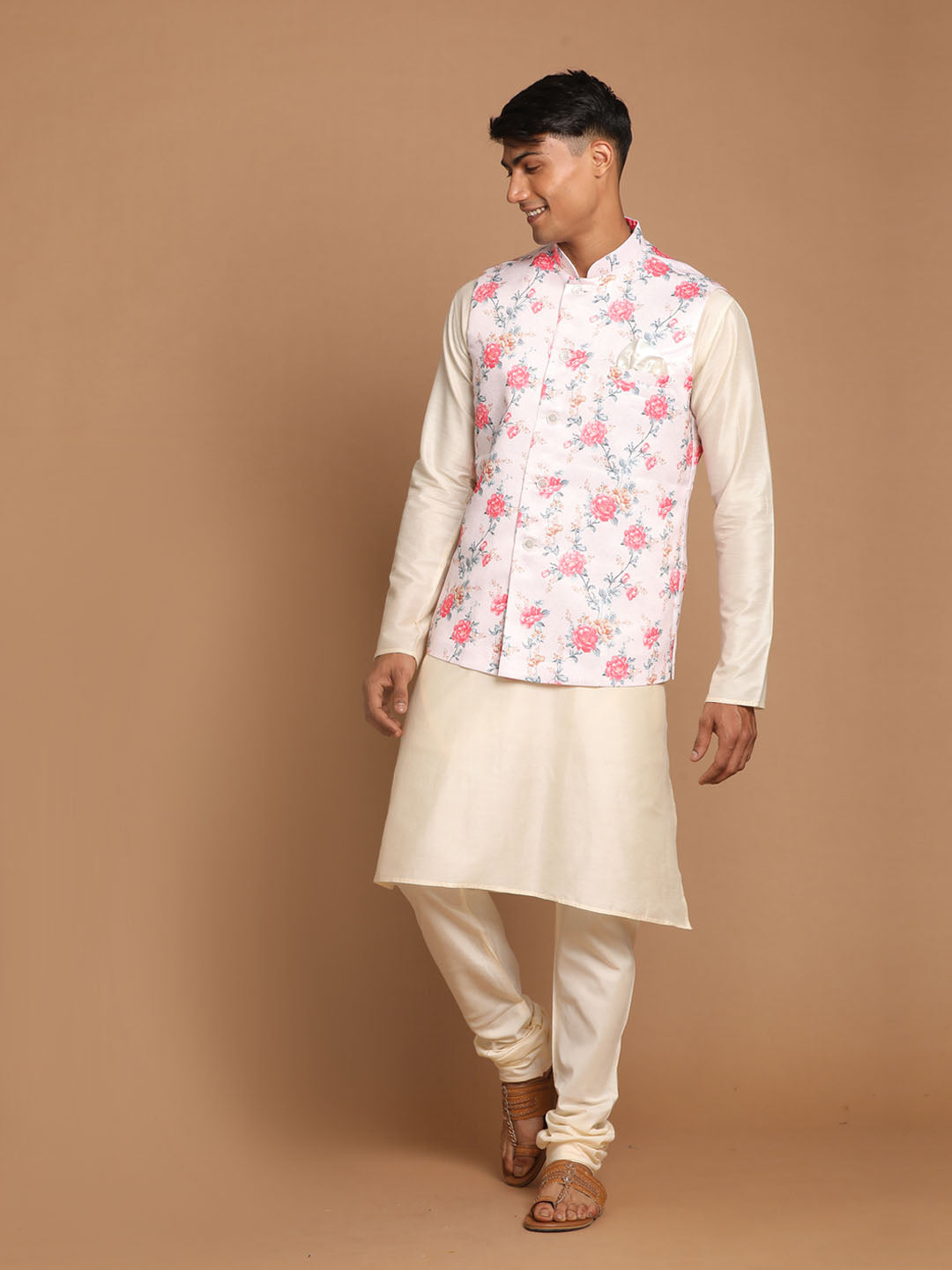 Sarvati Men's Peach Digital Printed Royal Angrakha Nehru Jacket With Cream Kurta Pyjama Set