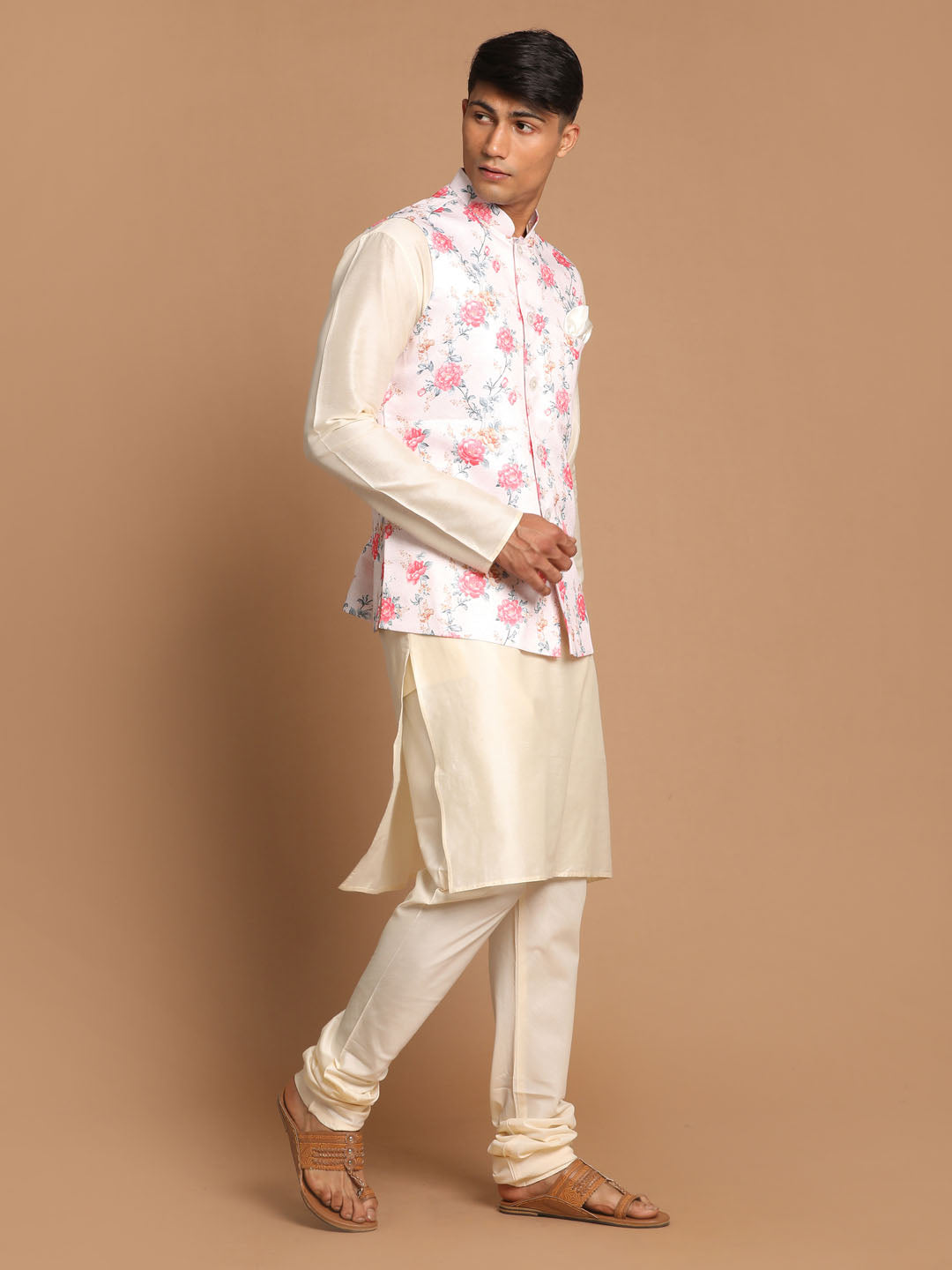 Sarvati Men's Peach Digital Printed Royal Angrakha Nehru Jacket With Cream Kurta Pyjama Set