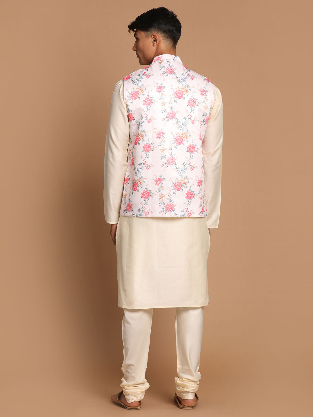 Sarvati Men's Peach Digital Printed Royal Angrakha Nehru Jacket With Cream Kurta Pyjama Set