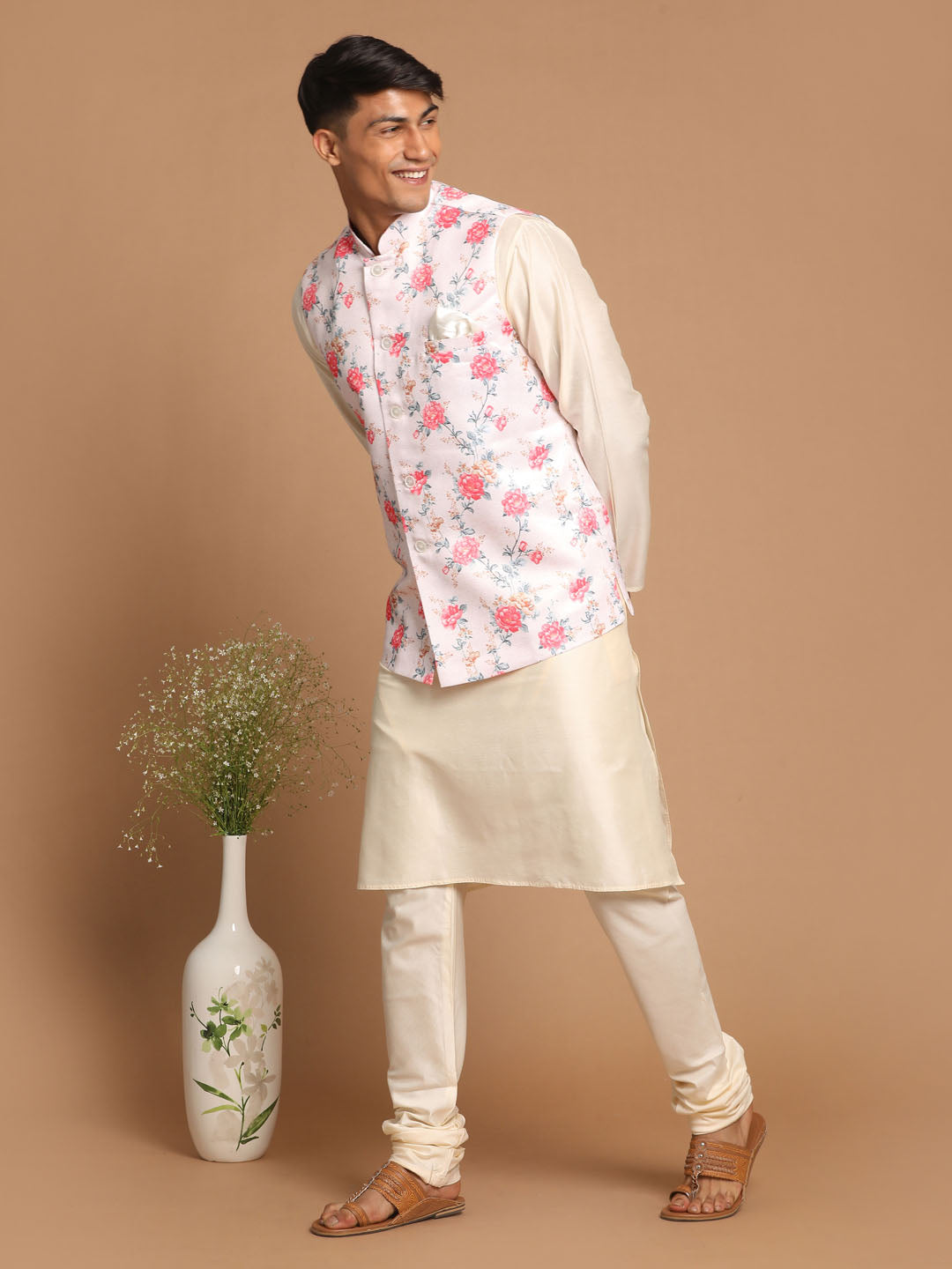 Sarvati Men's Peach Digital Printed Royal Angrakha Nehru Jacket With Cream Kurta Pyjama Set