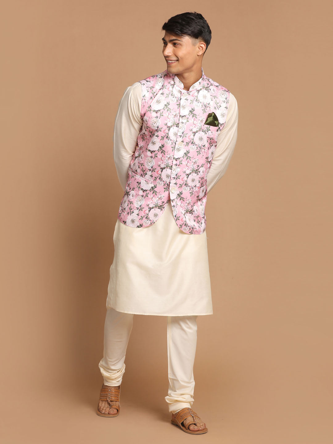 Sarvati Men's Pink Digital Floral Printed Royal Angrakha Nehru Jacket With Cream Kurta Pyjama Set