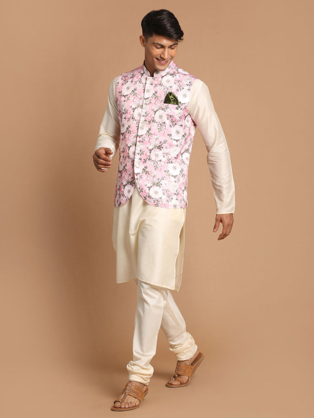 Sarvati Men's Pink Digital Floral Printed Royal Angrakha Nehru Jacket With Cream Kurta Pyjama Set