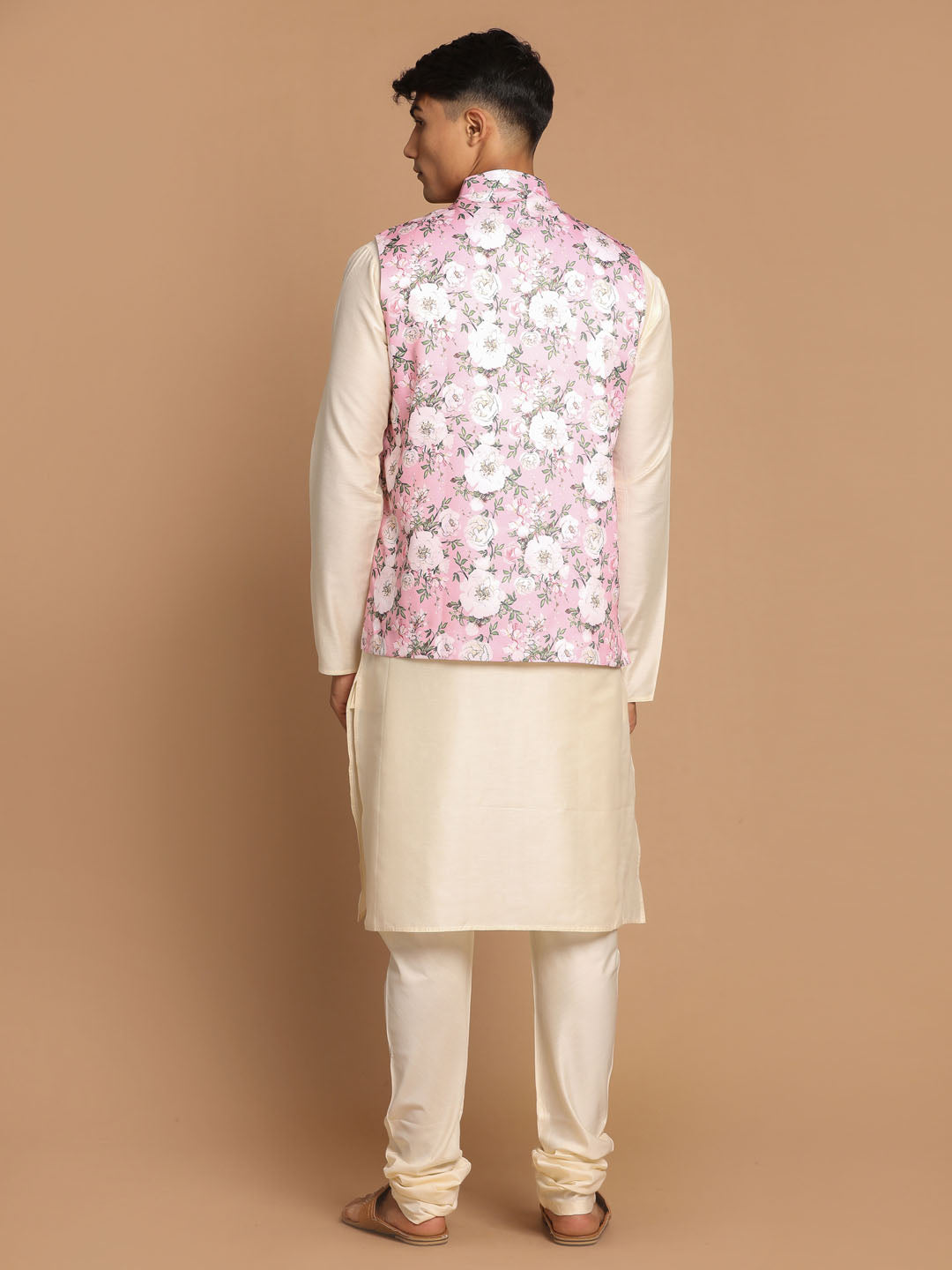 Sarvati Men's Pink Digital Floral Printed Royal Angrakha Nehru Jacket With Cream Kurta Pyjama Set