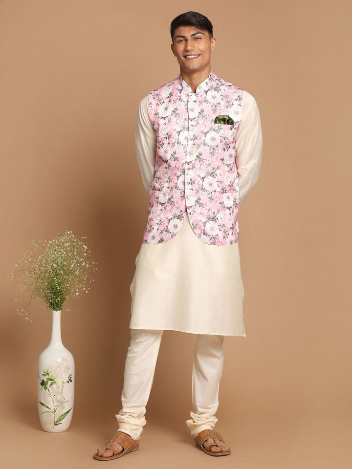 Sarvati Men's Pink Digital Floral Printed Royal Angrakha Nehru Jacket With Cream Kurta Pyjama Set