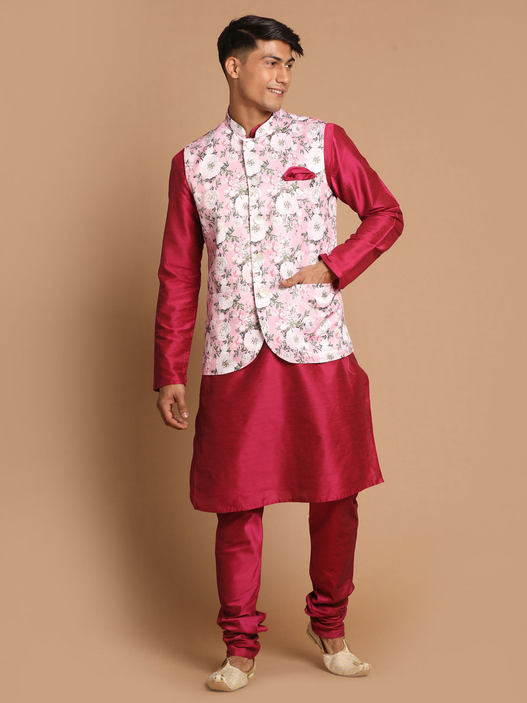 Sarvati Men's Pink Floral Printed Ethnic Jacket With Purple Cotton Silk Blend Kurta Pyjama