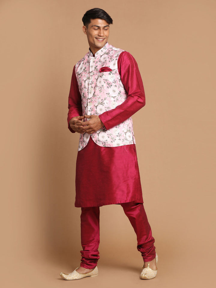 Sarvati Men's Pink Floral Printed Ethnic Jacket With Purple Cotton Silk Blend Kurta Pyjama