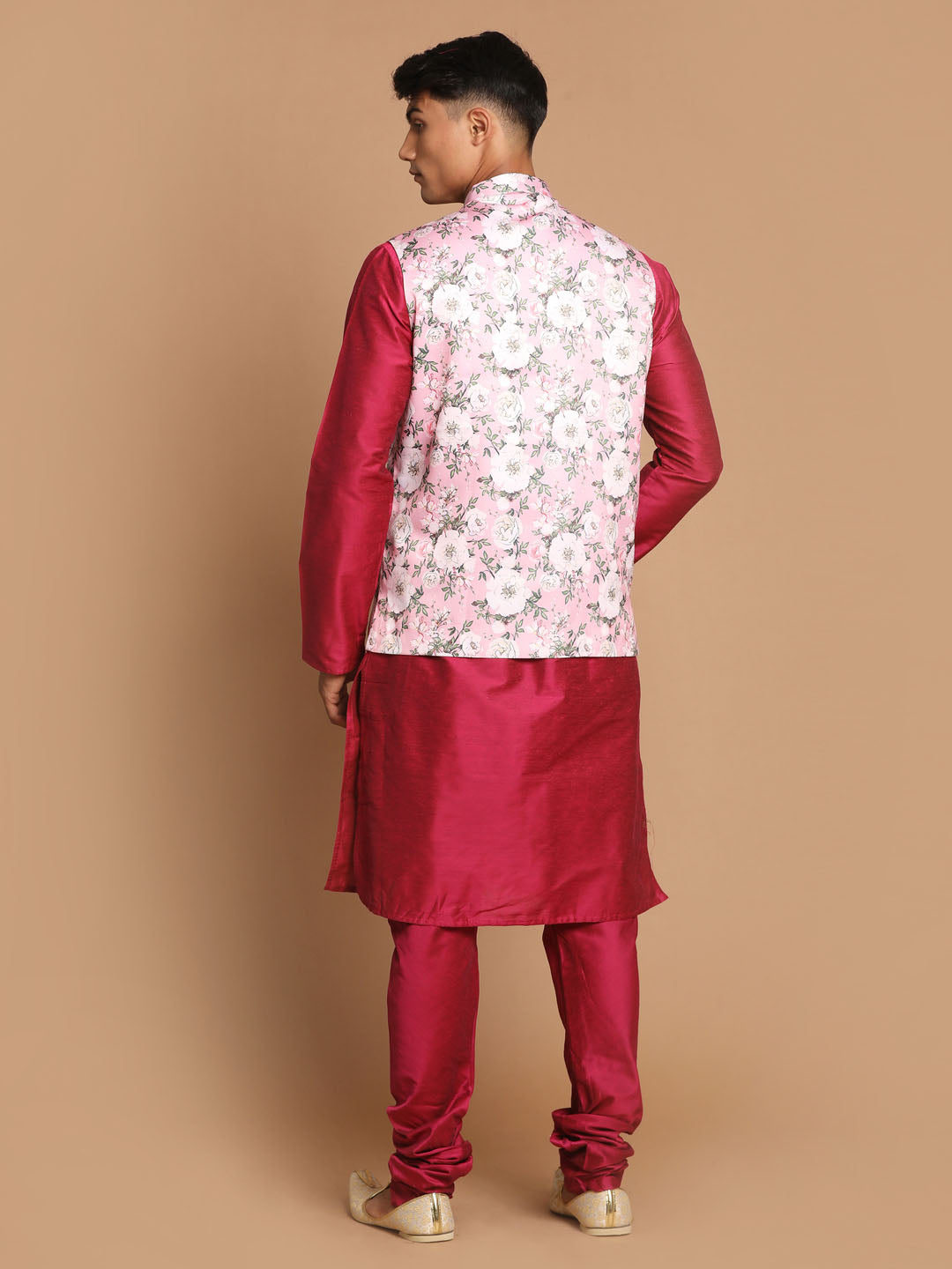 Sarvati Men's Pink Floral Printed Ethnic Jacket With Purple Cotton Silk Blend Kurta Pyjama