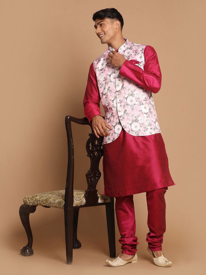 Sarvati Men's Pink Floral Printed Ethnic Jacket With Purple Cotton Silk Blend Kurta Pyjama