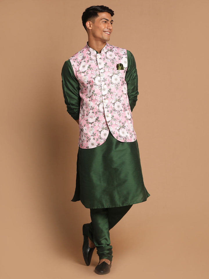 Sarvati Men's Pink Floral Printed Ethnic Jacket With Green Cotton Silk Blend Kurta Pyjama