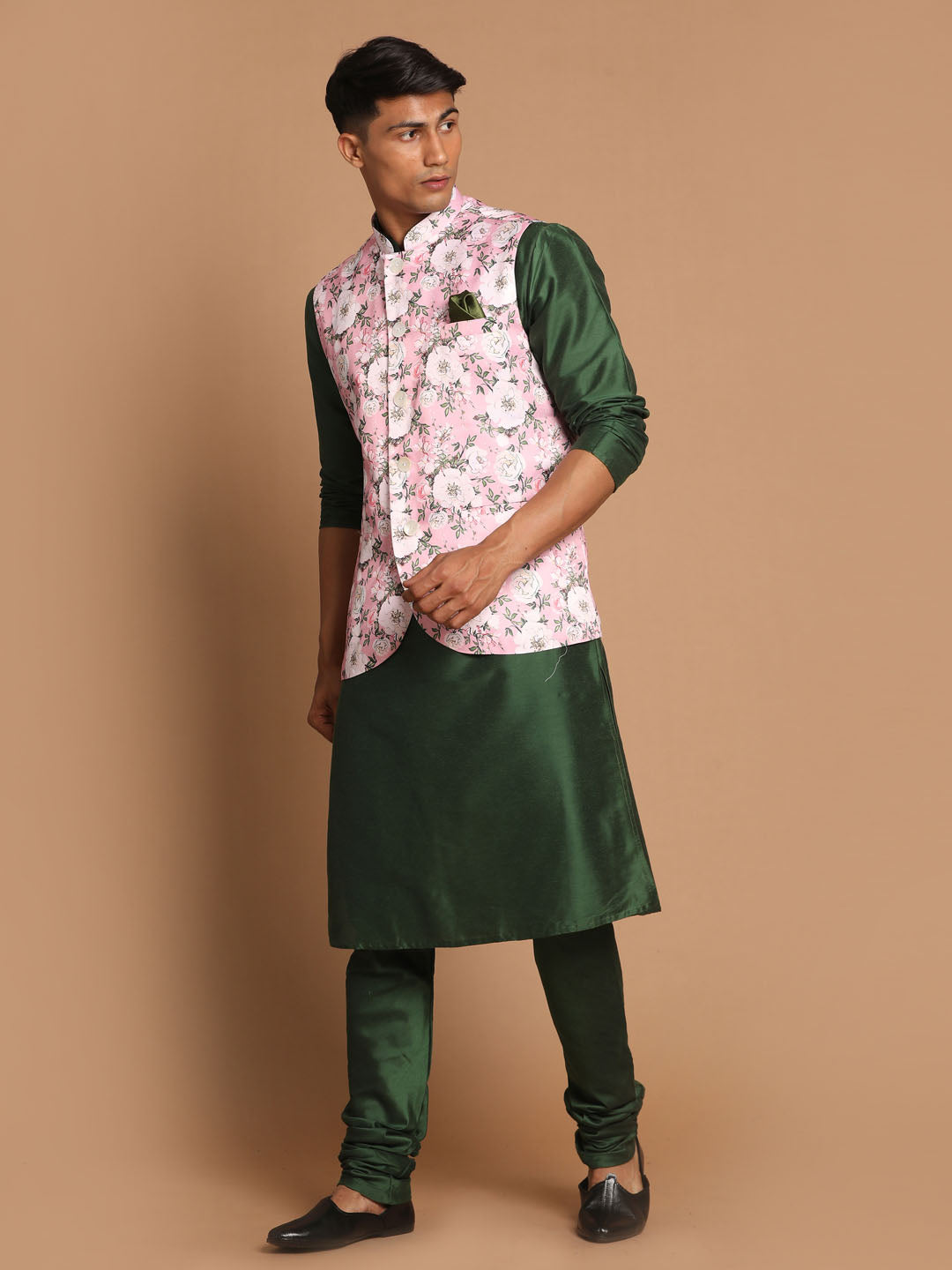 Sarvati Men's Pink Floral Printed Ethnic Jacket With Green Cotton Silk Blend Kurta Pyjama