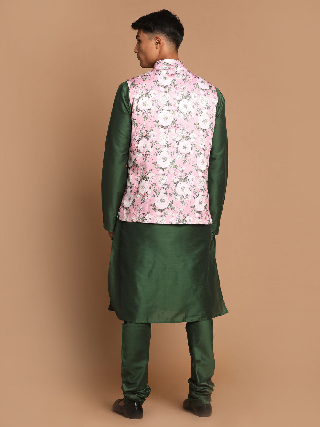 Sarvati Men's Pink Floral Printed Ethnic Jacket With Green Cotton Silk Blend Kurta Pyjama