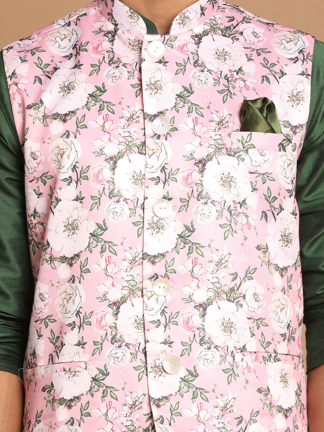 Sarvati Men's Pink Floral Printed Ethnic Jacket With Green Cotton Silk Blend Kurta Pyjama