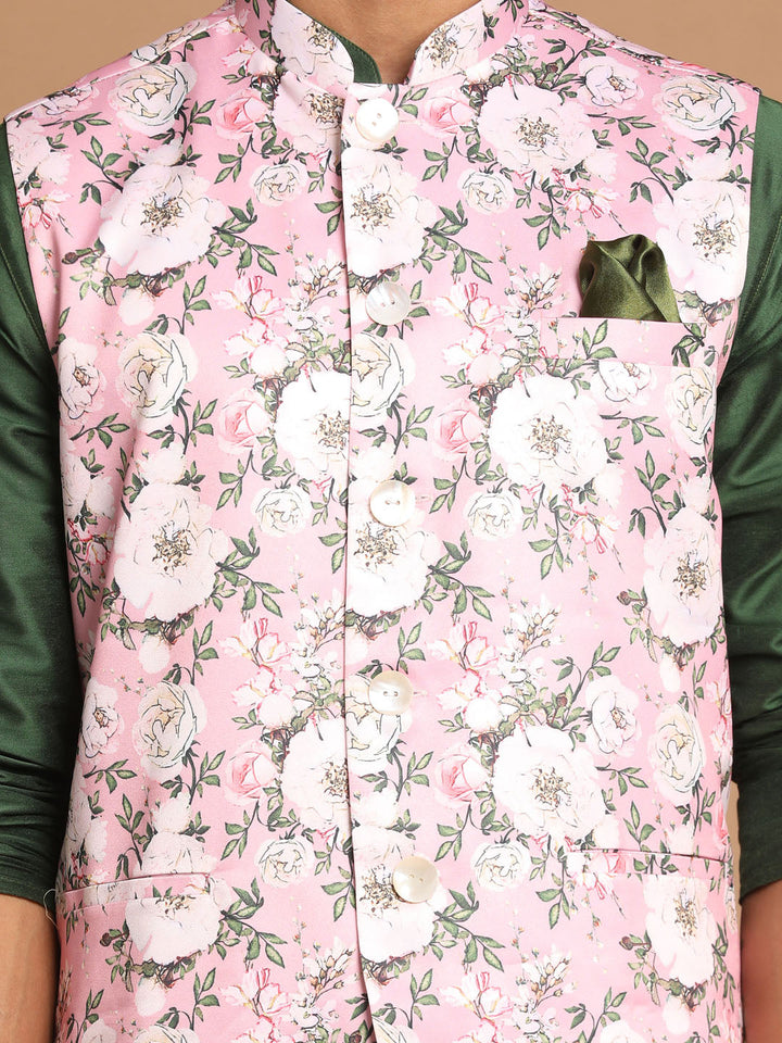 Sarvati Men's Pink Floral Printed Ethnic Jacket With Green Cotton Silk Blend Kurta Pyjama