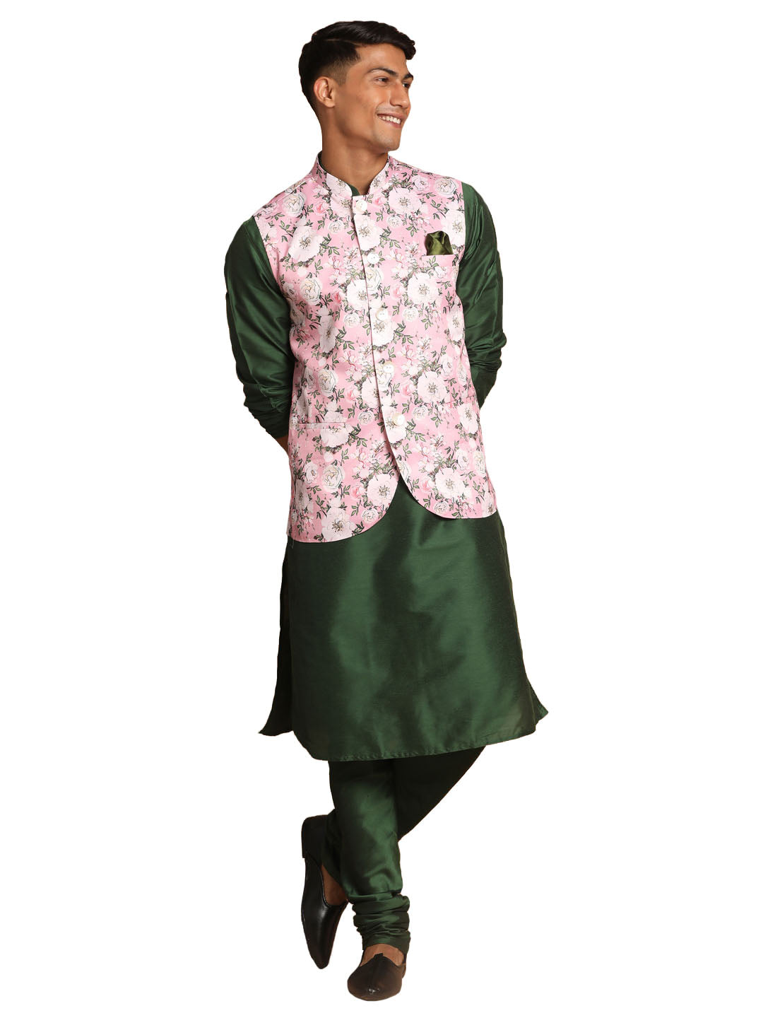 Sarvati Men's Pink Floral Printed Ethnic Jacket With Green Cotton Silk Blend Kurta Pyjama