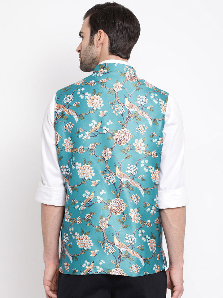 Men's Turquoise Digital Printed Royal Angrakha Nehru Jacket