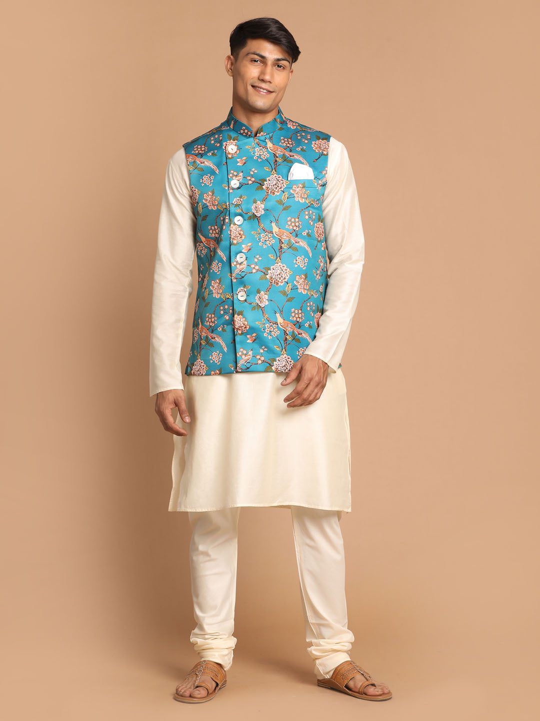 Sarvati Men's Turquoise Digital Printed Royal Angrakha Nehru Jacket With Cream Kurta Pyjama