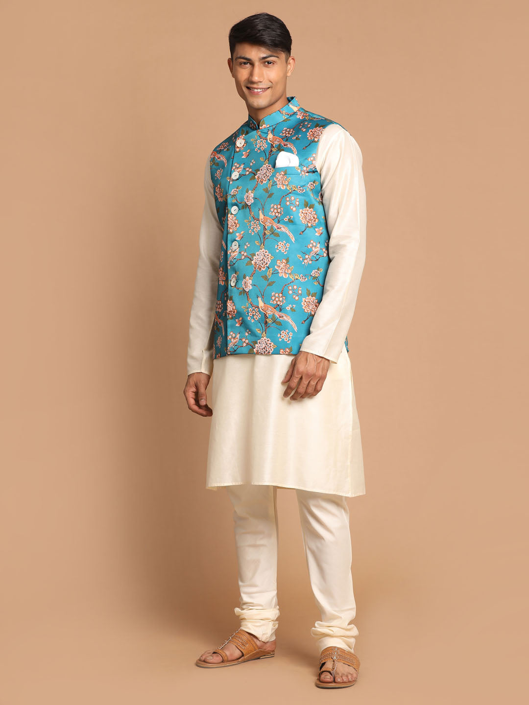 Sarvati Men's Turquoise Digital Printed Royal Angrakha Nehru Jacket With Cream Kurta Pyjama