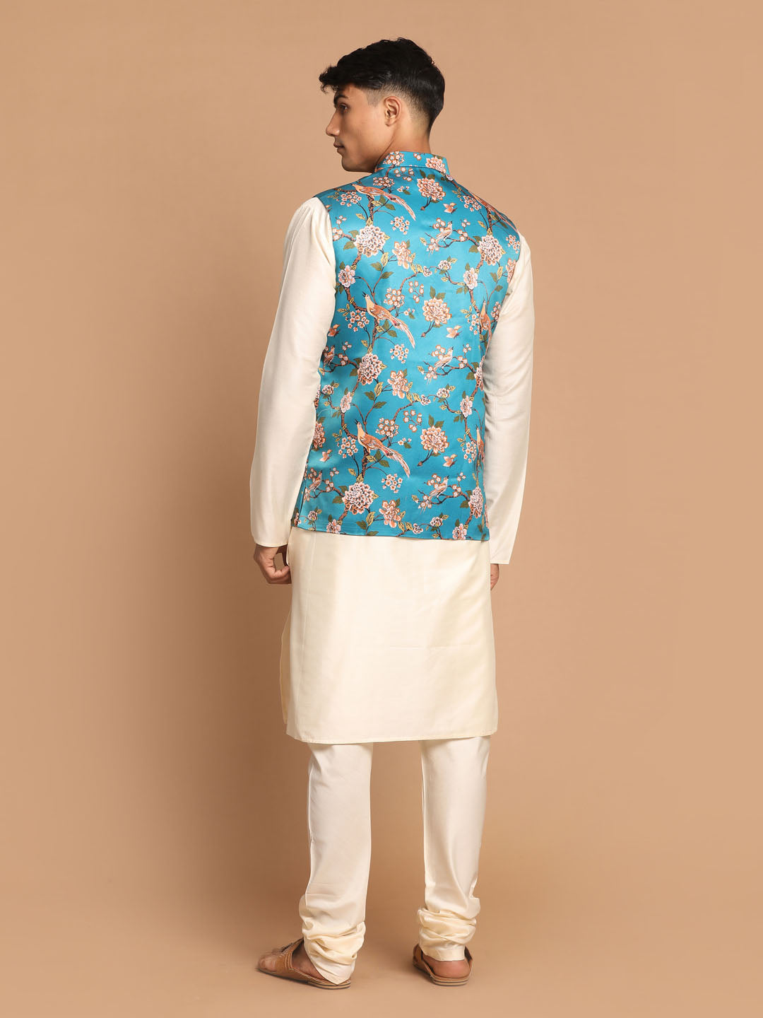 Sarvati Men's Turquoise Digital Printed Royal Angrakha Nehru Jacket With Cream Kurta Pyjama