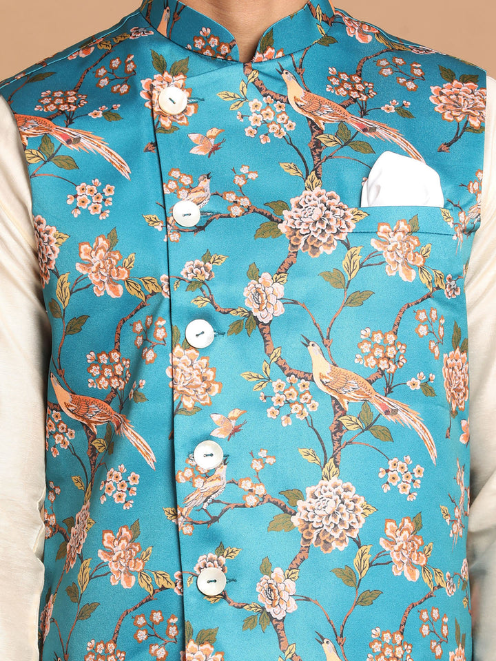 Sarvati Men's Turquoise Digital Printed Royal Angrakha Nehru Jacket With Cream Kurta Pyjama