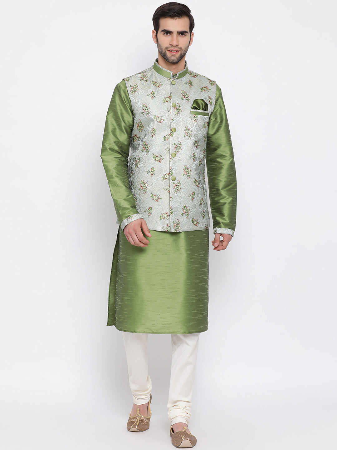 Sarvati Men's Green Floral Jacquard Jacket With Silk Kurta and Pyjama Set