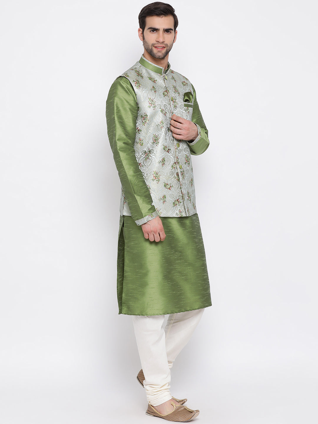 Sarvati Men's Green Floral Jacquard Jacket With Silk Kurta and Pyjama Set