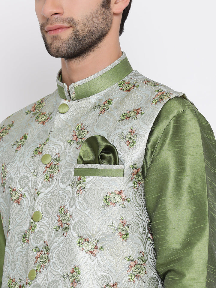 Sarvati Men's Green Floral Jacquard Jacket With Silk Kurta and Pyjama Set