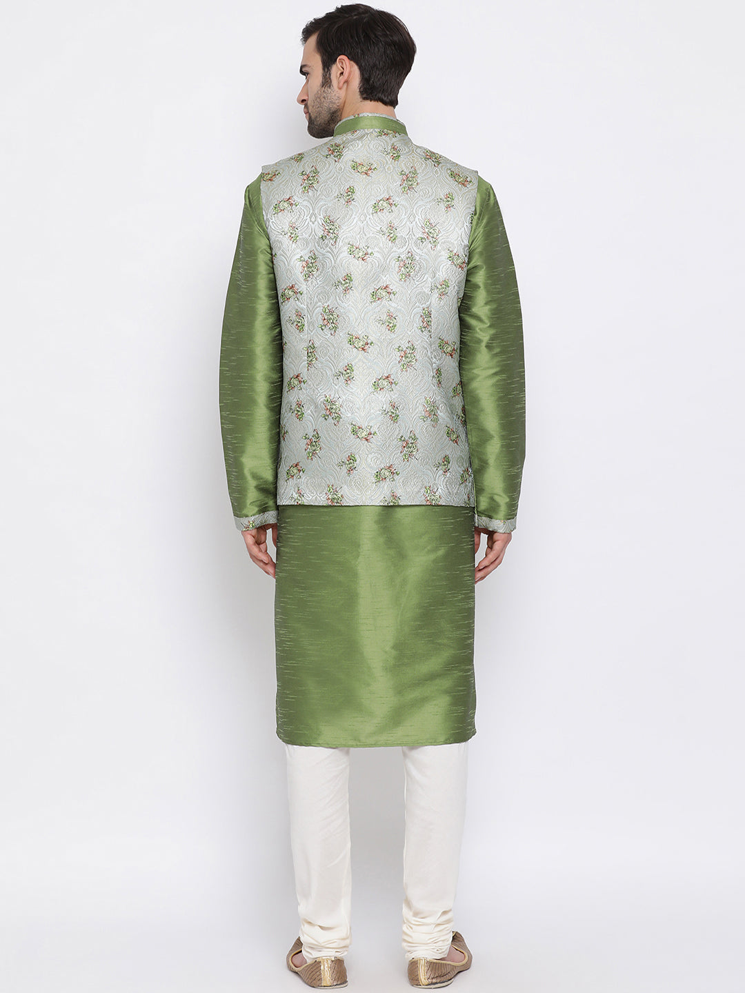 Sarvati Men's Green Floral Jacquard Jacket With Silk Kurta and Pyjama Set